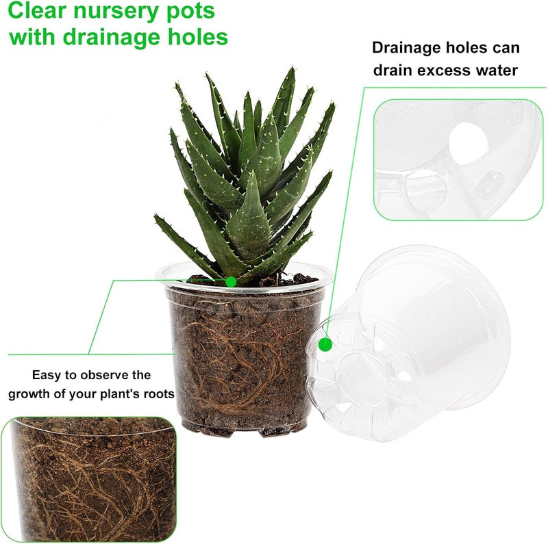 JERIA 50 Pack 3.5/4/5/6/7 Inch Clear Nursery Pots with Drainage Holes, Clear Plant Pot for Planting, Transparent Plastic Plant Pots,Durable Seed Starting Pot for Succulents - Image 4
